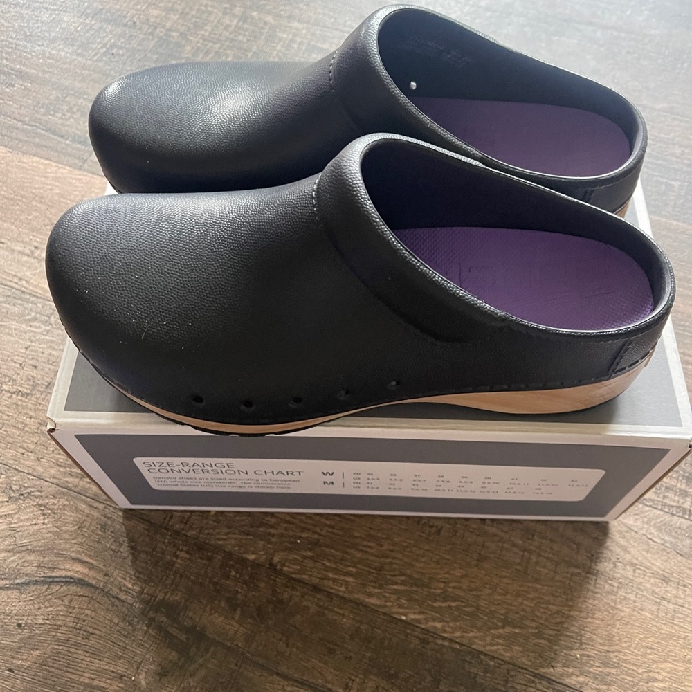 Dansko Black and Purple Clogs Comfortable Slip-On Design